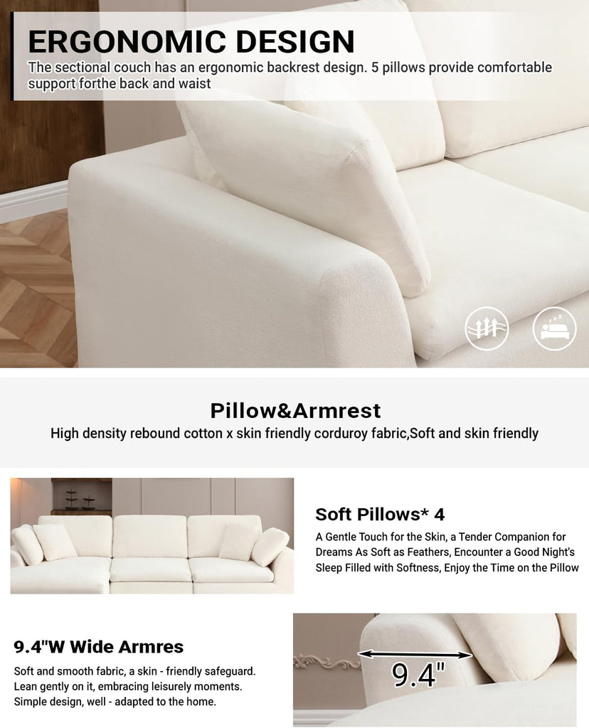 111" Cloud Modular Sectional Sofa, Deep Seat Memory Foam L-Shape Couch with Ottoman, Convertible Modular Sofa Couch