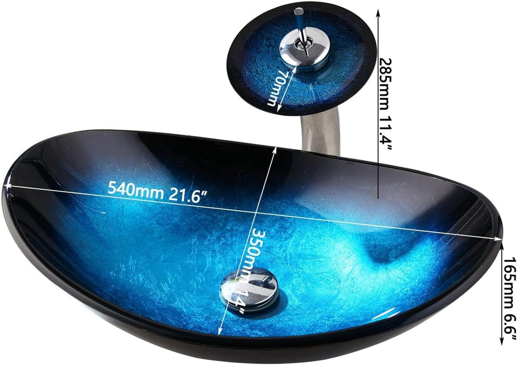 Oval Blue Glass Vessel Sink 22x14 Inch with Waterfall Faucet and Pop-Up Drain Tempered Glass Basin Top Mount Bathroom