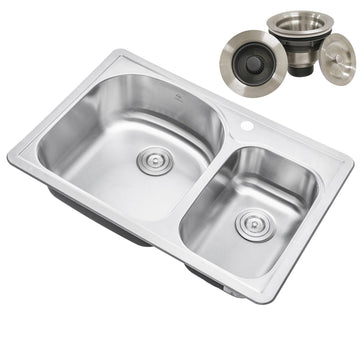 CozyBlock 33" x 22" 70/30 Double Bowl Drop- Sink with Strainer