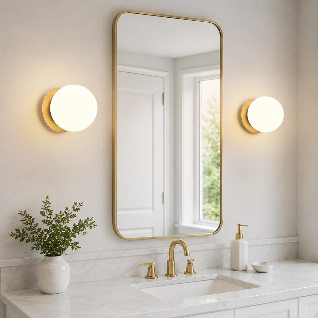 Modern Globe Brass Wall Sconce: 6" Gold Mid Century Modern Indoor Wall Mounted Lamp - Small Minimalist Frosted White