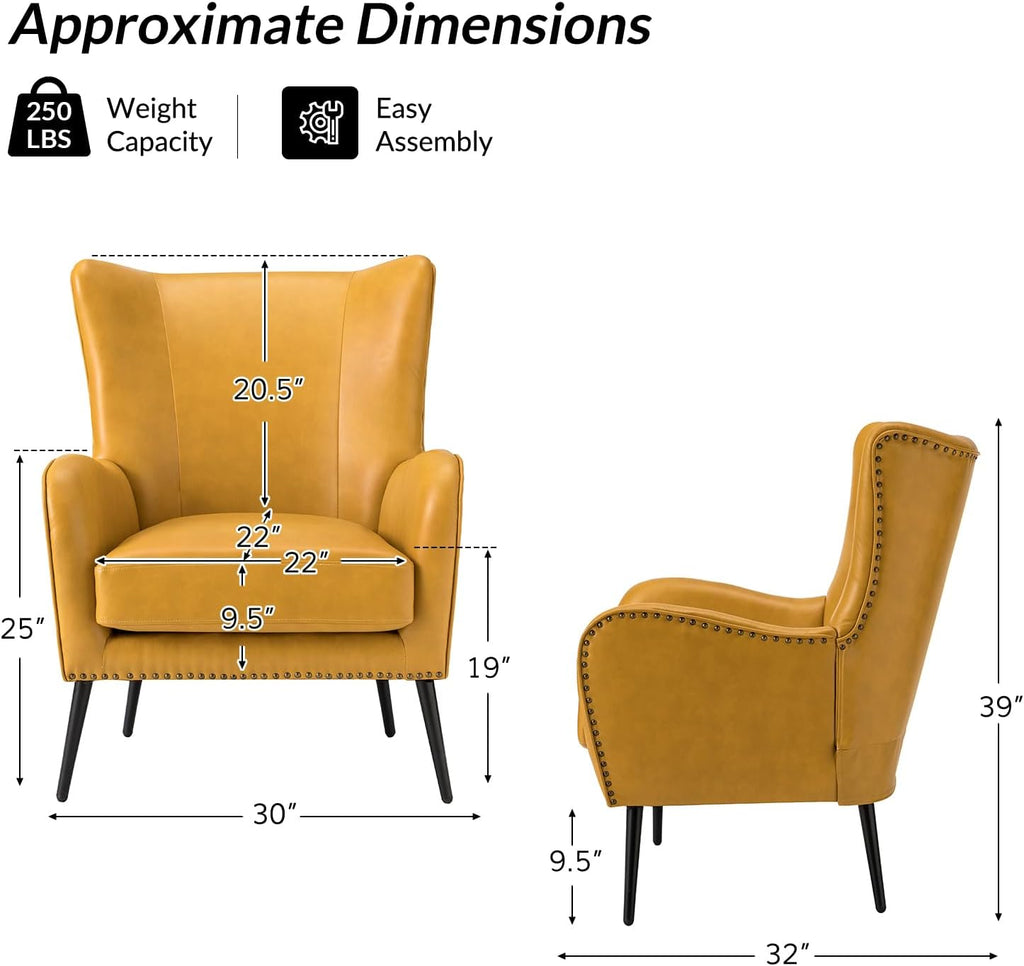 Upholstered Faux Leather Accent Chair with Black Metal Legs, Comfy Armchair with Removable Cushion & Nailhead Trim