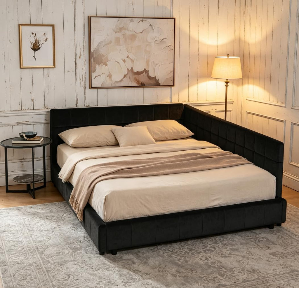 Queen daybed, Queen Corner Bed, Upholstered Sofa Bed Frame with Comfortable Backrest and Armrests for Kids,Adults
