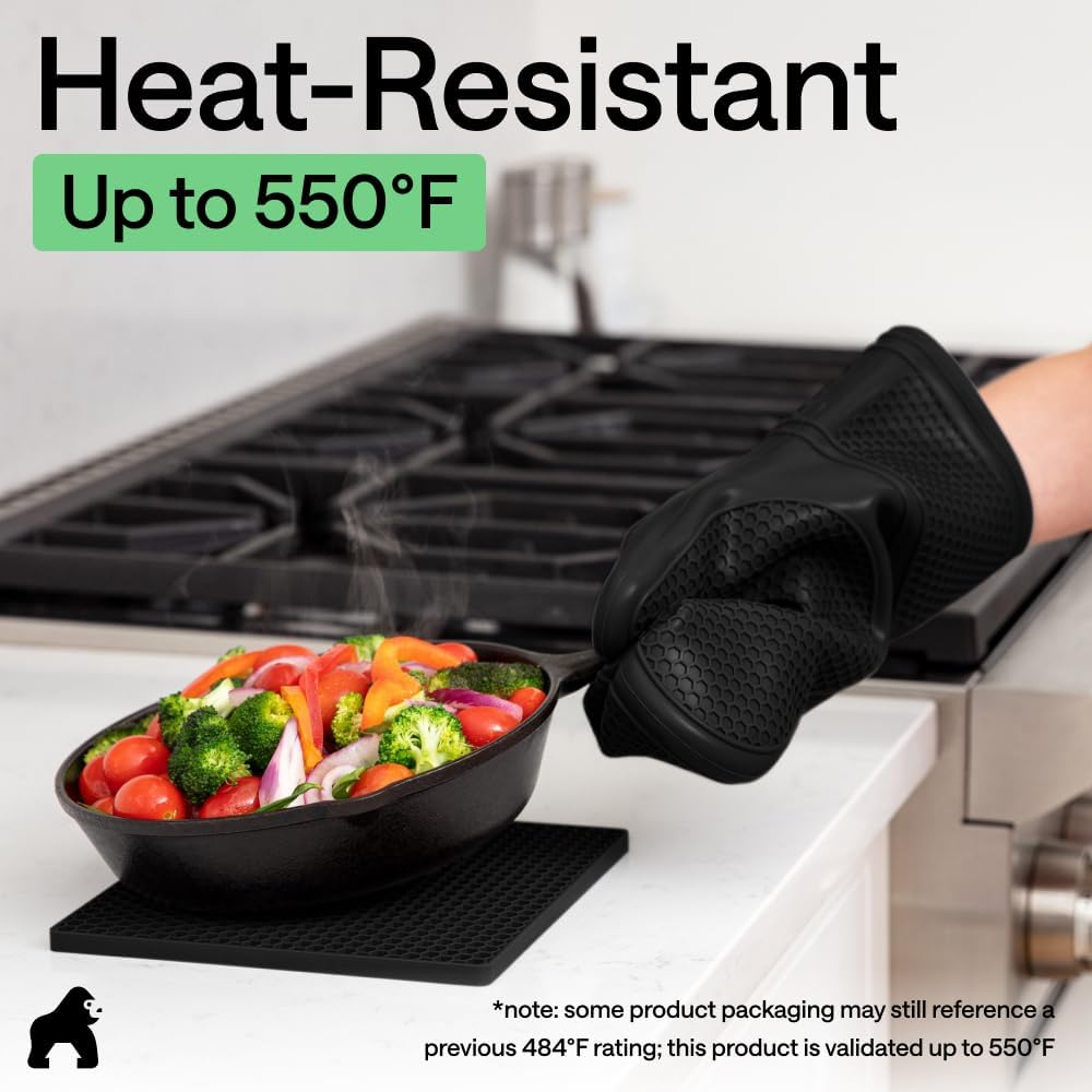 BPA-Free Soft Silicone Oven Mitts and Pot Holders Sets of 4, Heat Resistant Waterproof Cooking Gloves, Thick Cotton