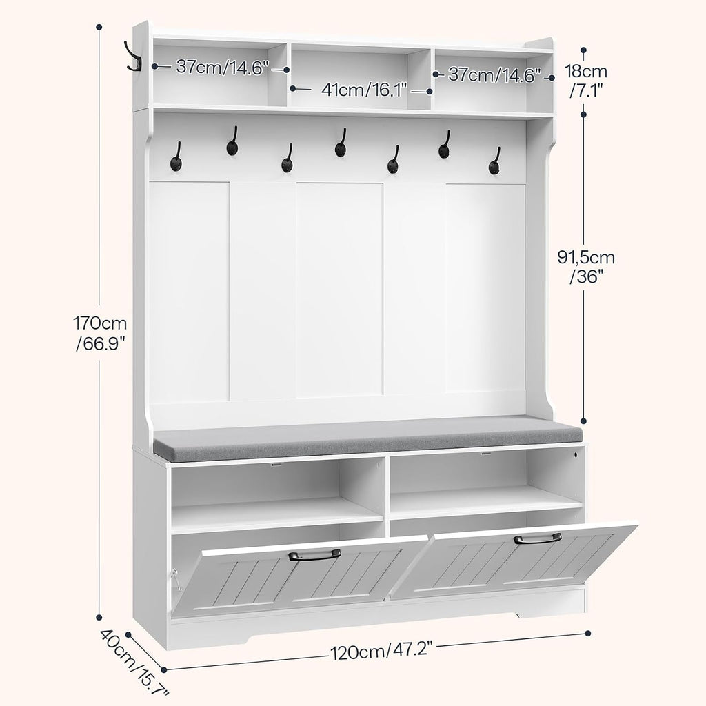 Hall Tree with Bench, 47.2" Hall Tree with Shoe Storage | Entryway Coat Rack, Shoe Bench with Storage, Farmhouse Hall