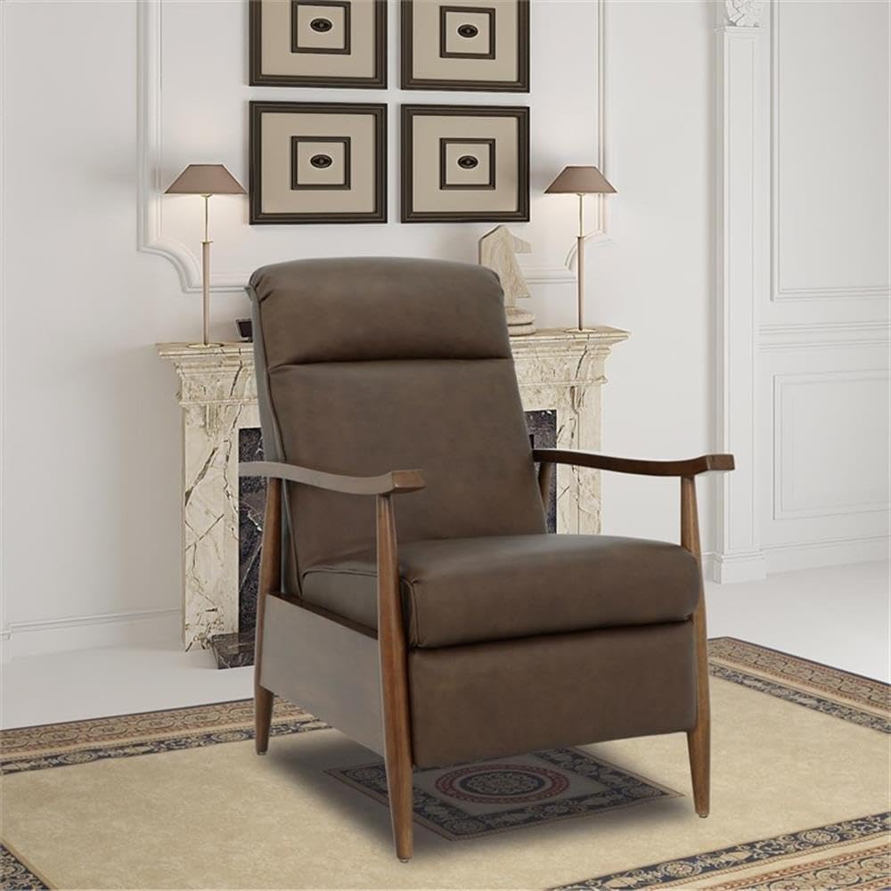 Leather Push Thru The Arms Recliner, Oasis Walnut Finish, Top Grain Leather Upholstery, Rustic Brown Exposed Wood