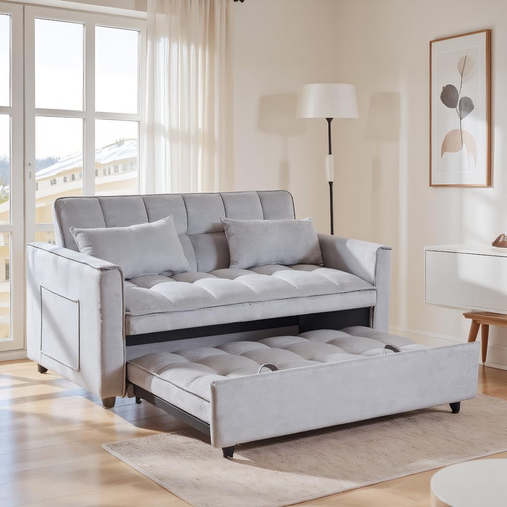 53" Sleeper Sofa, 3-in-1 Convertible Pull Out Couch, Velvet Loveseat with Adjustable Backrest, Side Pockets & 2