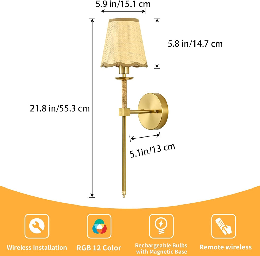 Boho Battery Operated Wall Sconce Set of 2, Gold Wireless Rechargeable Wall Lights with Rattan Shade, 12 RGB and 3CCT