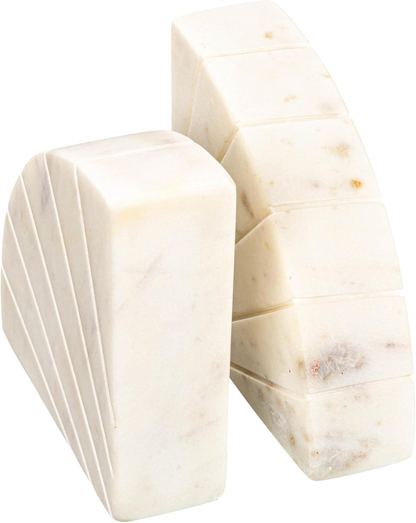 Modern Arched Semicircle Marble Bookends with Carved Detail, Set of 2, White