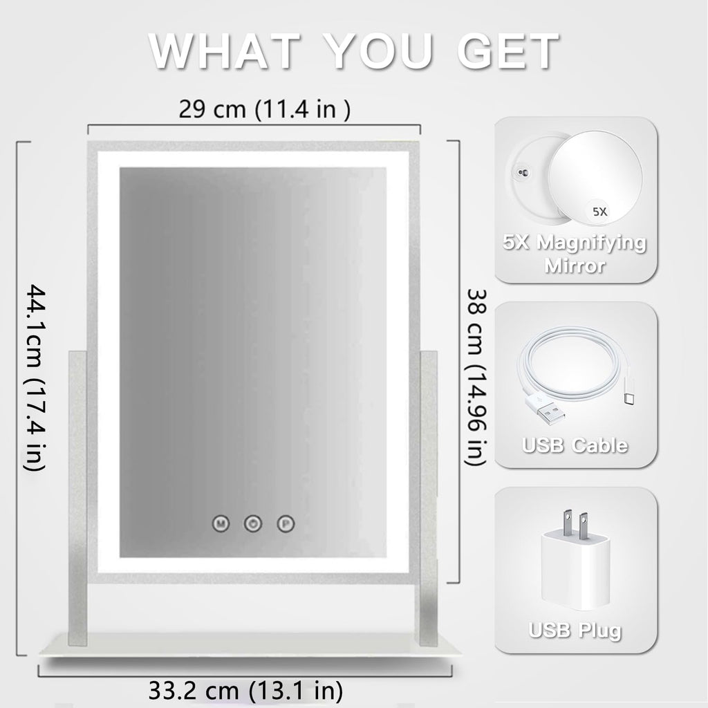 Lighted Makeup Mirror, 17.3" x 13" Hollywood Vanity Mirror with Lights, Three Color Lighting Modes, and 5X