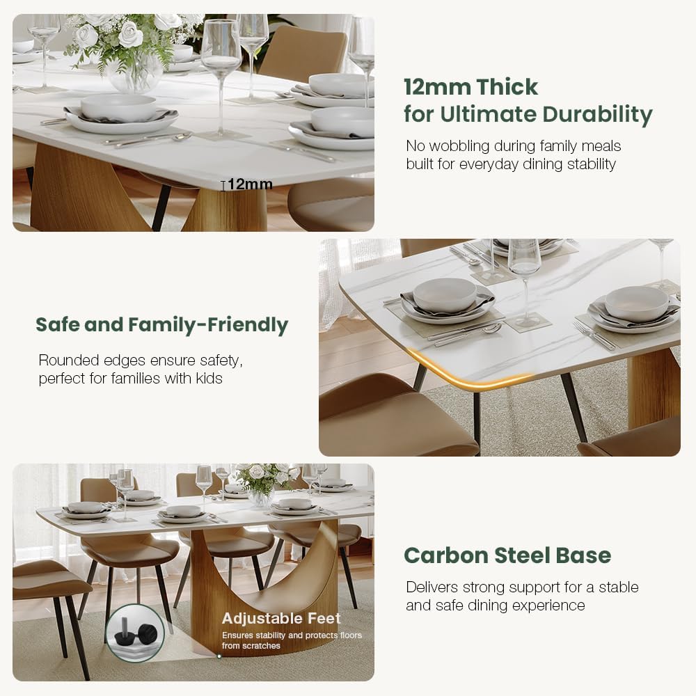 71" Hobart Modern Dining Table for 6-8, Matte White Dining Table Sintered Stone Dining Tabletop with Bronze Carbon