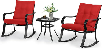 3-Piece Outdoor Rocking Chairs Bistro Set, Black Iron Patio Furniture with Red Thickened Cushion & Glass-Top Coffee