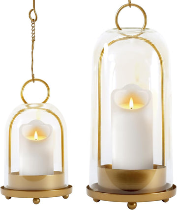 Hurricane Glass Candle Holders, Large & Medium Brass Lanterns Hurricane Candlestick Holder for Pillar Candles
