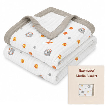 Muslin Baby Blanket, 6-Layer Cotton Infant Crib Quilt(Gray Bear)