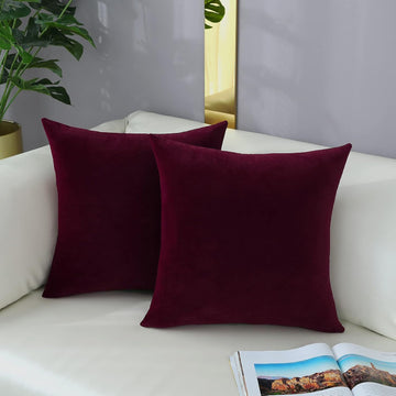 Comfy Burgundy Red Throw Pillow Covers Decorative Square Solid Thick Velvet Super Soft Cushion Cases Home Decor, Set