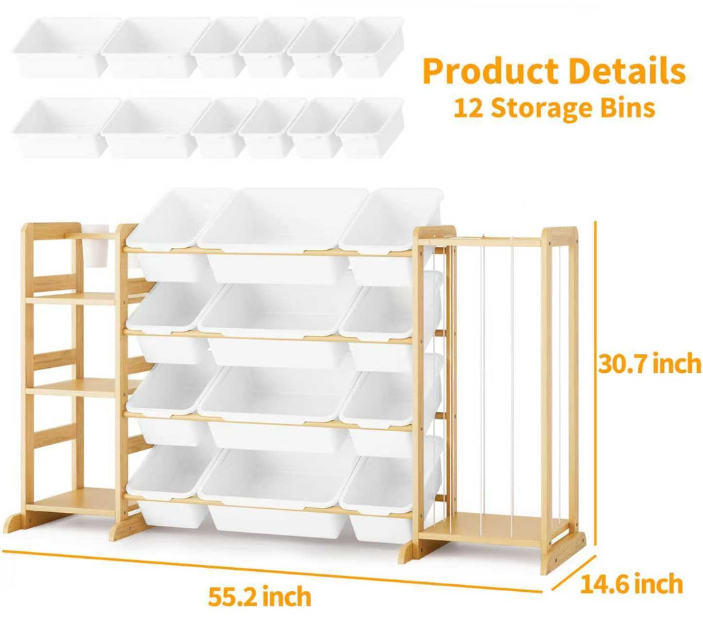Toy Storage Organizer with Bookshelf and Stuffed Animal Storage - Kids Playroom Organization with Shelves and 12 Toy