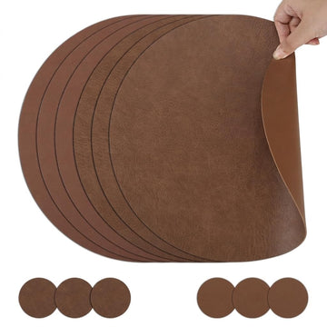 Faux Leather Round Placemats with Coasters Set of 6, 13x13 Inch Non-Slip Heat Resistant Dual-Sided Brown Place Mats