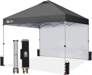 10x10 Pop Up Canopy with 1 Side Wall - Beach Tent with One Push Setup - Grid Grey