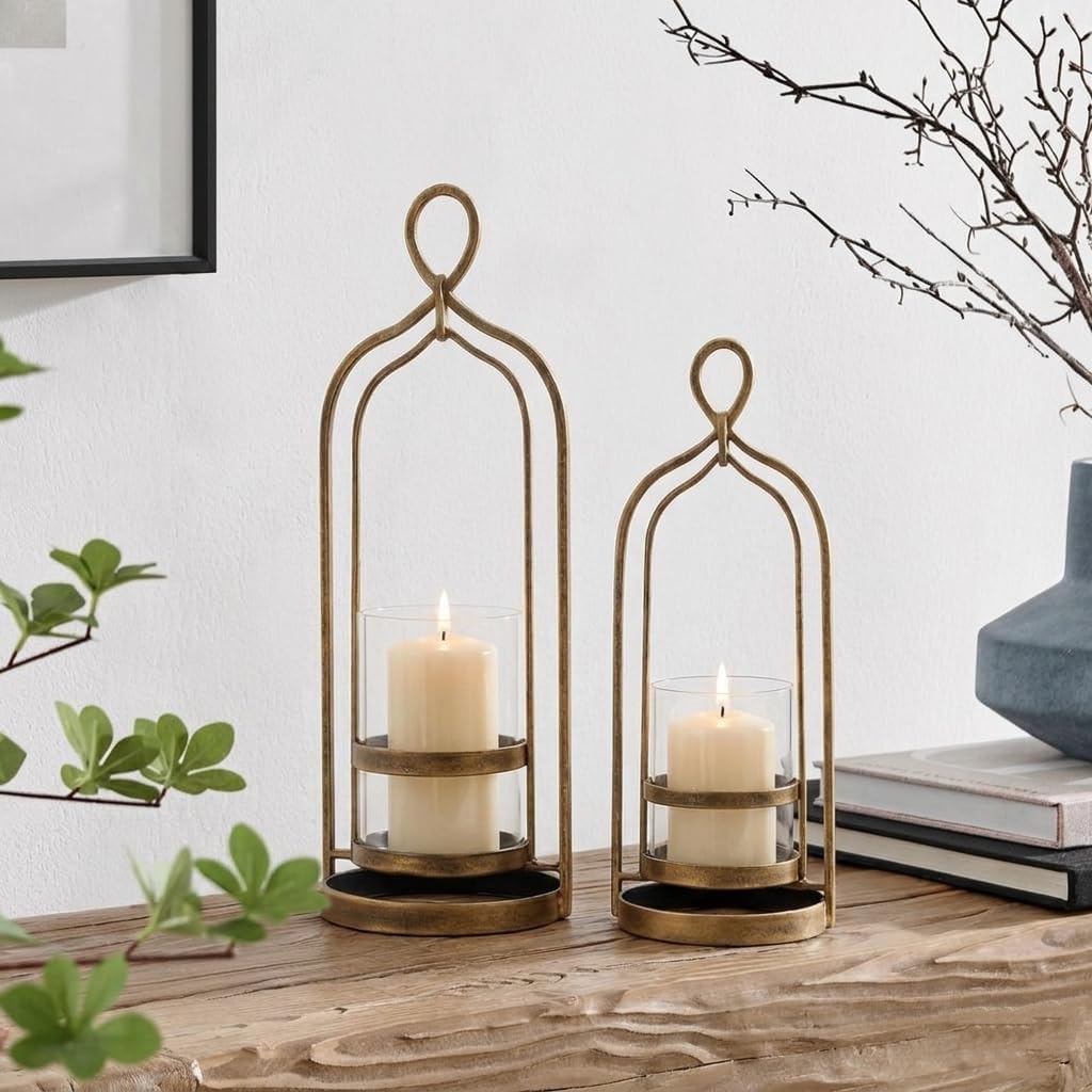 Hurricane Candle Holder Set of 2 with Glass & Metal Frame-Pillar Candle Holders Centerpiece Farmhouse Decor