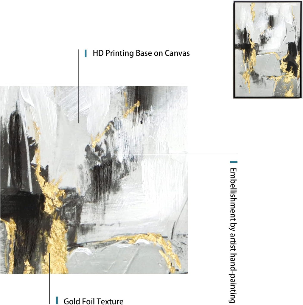 Black and Gold Abstract Wall -Art Decor- 2 Pack Black and White Canvas Wall Decor with Gold Foil