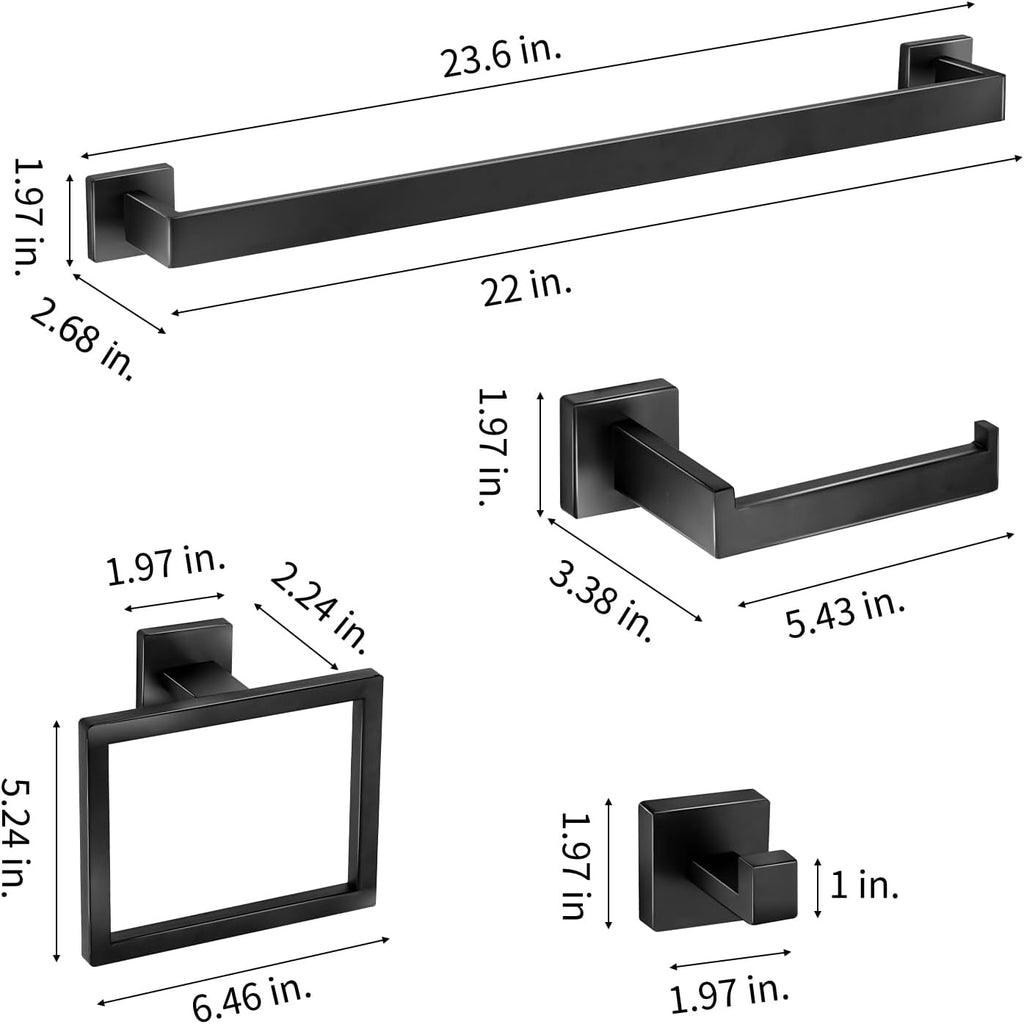 Bathroom Hardware Accessories Set 5 Pieces Matte Black Towel Bar Set, Wall Mounted Towel Rack Toilet Paper Holder