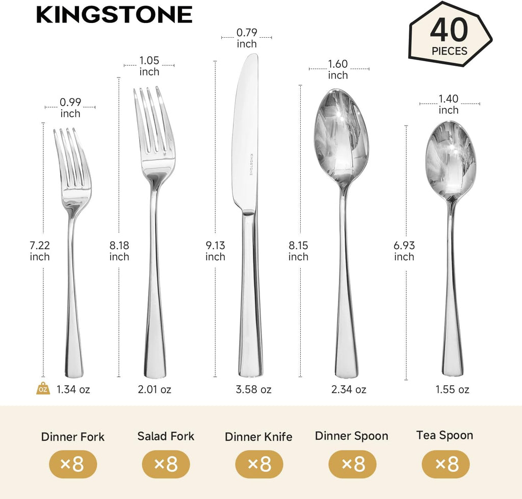Silverware Set for 8, 40-Piece Forged 18/10 Stainless Steel Flatware Set, Mirror Finish Cutlery Set Dishwasher Safe