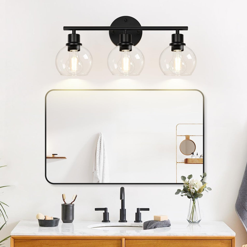3-Light Bathroom Light Fixtures, Black Bathroom Lights Over Mirror with Clear Glass Globe Shade, Vanity Lights