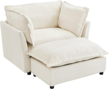 Modern Reading Chair and Ottoman — Beige Velvet