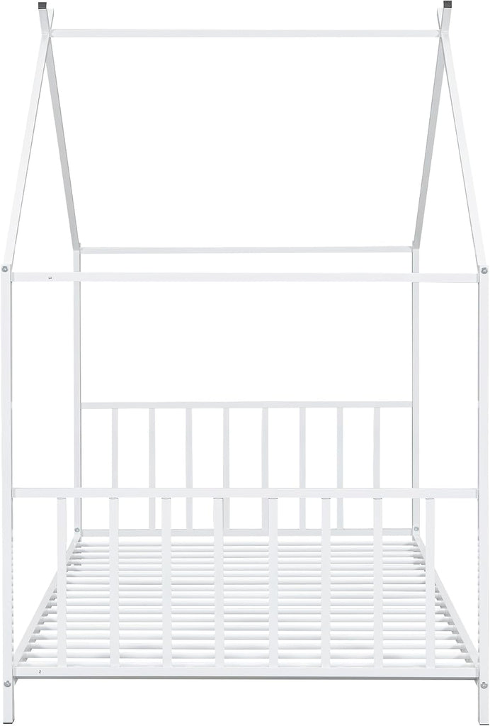 Twin Size Kids Montessori Floor Bed,Houe Bed Frame with High Headboard,Twin Floor Bed with Roof for Boys Girls,Floor