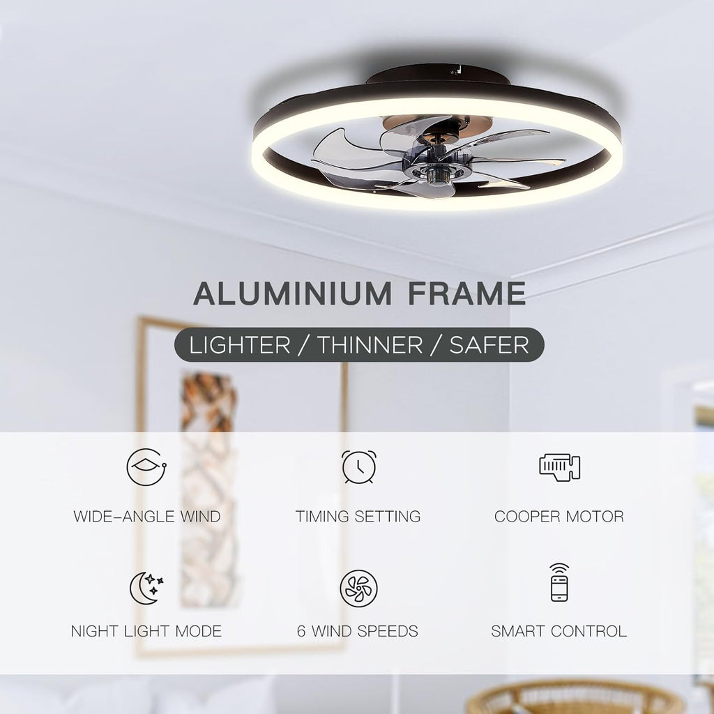 20'' Modern Low Profile Ceiling Fan with Light, Bedroom LED Ceiling Fan with Remote Control