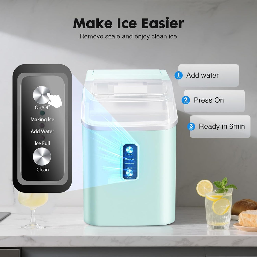 Nugget Ice Maker Countertop, Portable Ice Machine with 1.7L Water Tank, 26LBS/24H Fast Production, Auto-Cleaning & Quiet Operation, with Basket & Scoop, for Home Party Camping RV, Green