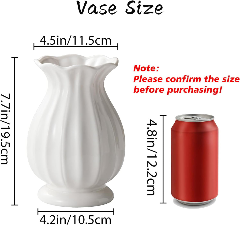 White Ceramic Vase, 7.8 Inch Flower Vase Home Decor Modern Decorative Vases
