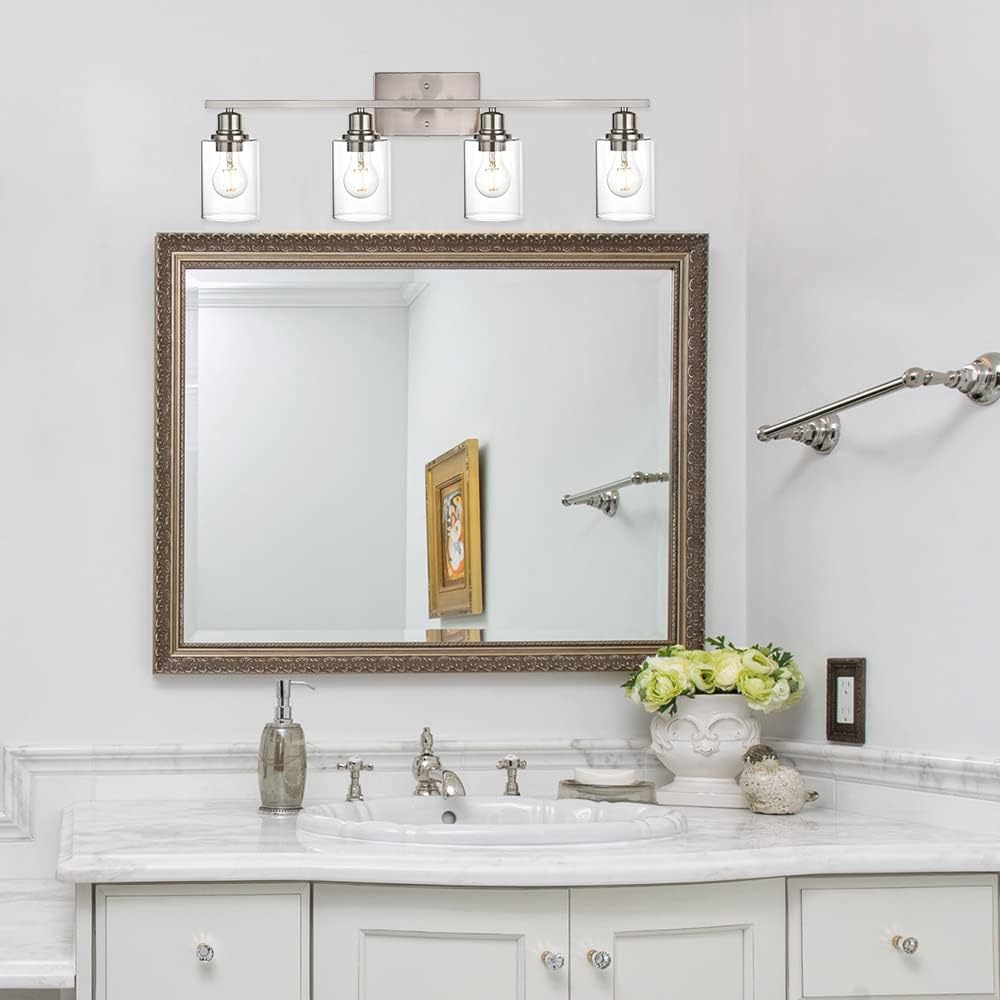 Industrial Brushed Nickel Wall Sconce with Clear Glass Shade and Metal Base,4 Light Bathroom Vanity Lighting Fixture
