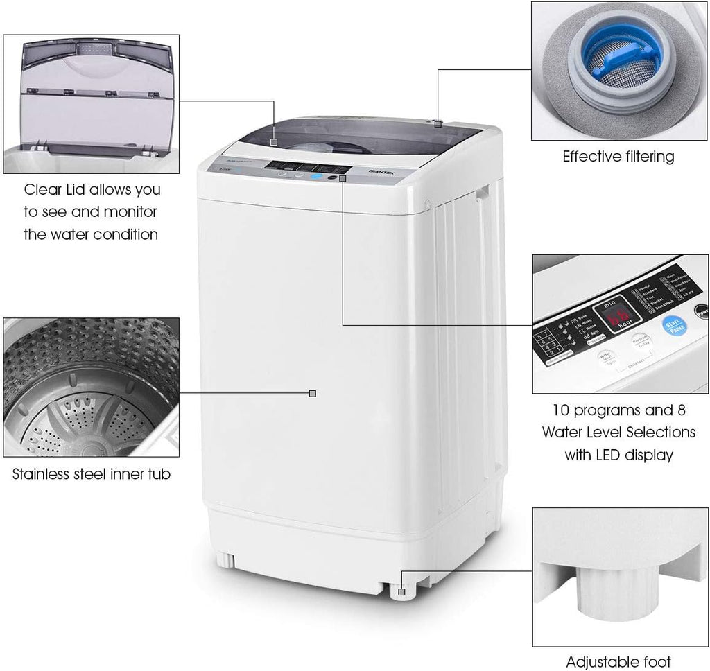 Full-Automatic Washing Machine Portable Compact 1.34 Cu.ft Laundry Washer Spin with Drain Pump, 10 programs 8 Water