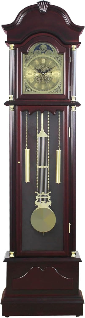 Grandfather Floor Clock, Cherry Finish, Pendulum with Gold Accents, Moon Phase Dial, 72 Inch Tall
