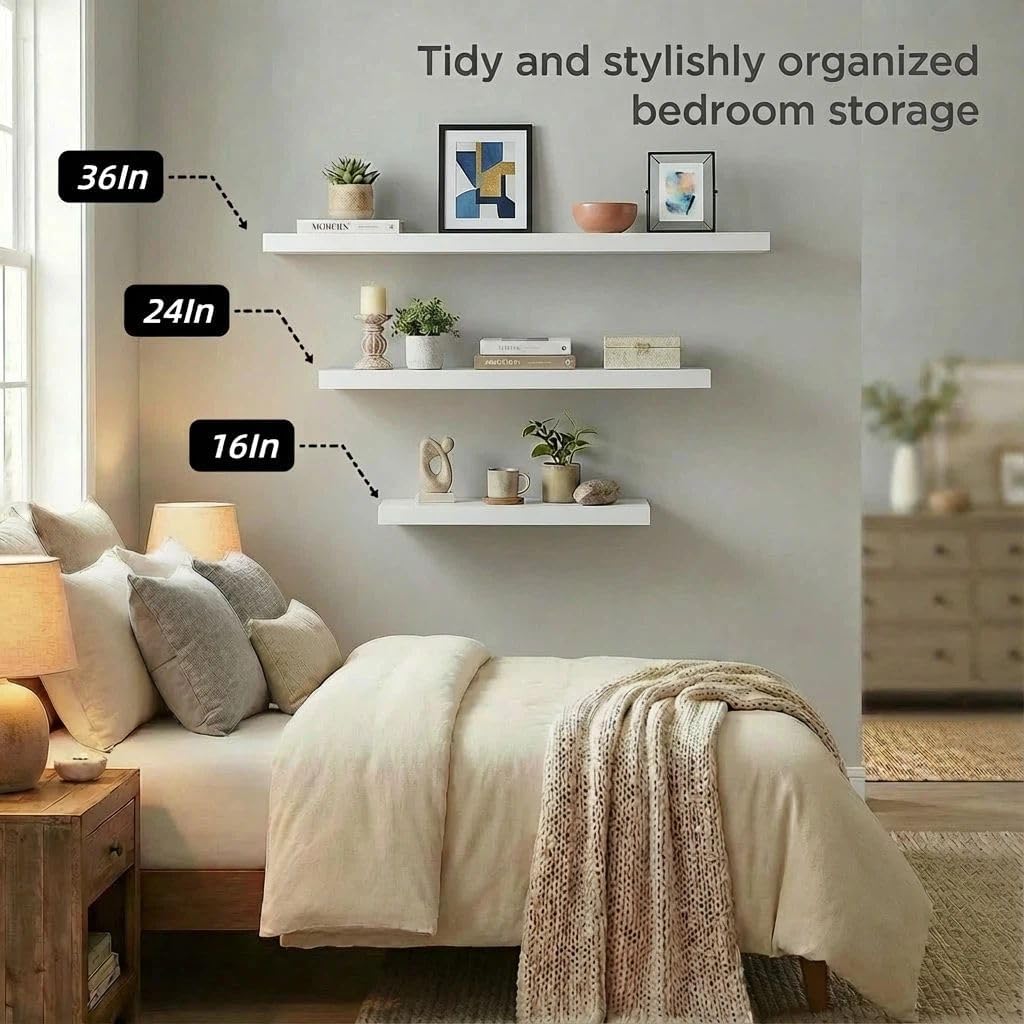 Floating Shelves Wall Shelf Solid Wood Bedroom Kitchen Set of 3, White Wall Shelves