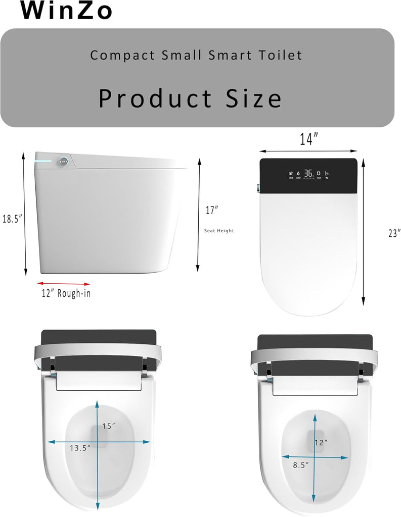Compact Smart Toilet with Built-In Bidet for Small Bathrooms, Auto Flush, LED Night Light, Heated Seat, Warm Air Dryer