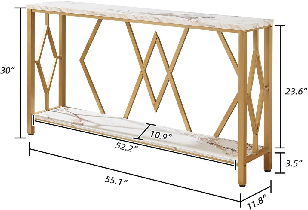 55 Inch Modern Entryway Console Table, White & Gold Faux Marble Top Engineered Wood Sofa Table with 2-Tier Open