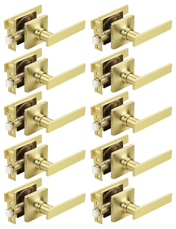 10 Pack Passage Door Levers Gold Finish, No-Locking Keyless Square Door Knob, Interior Door Handles for Closet and