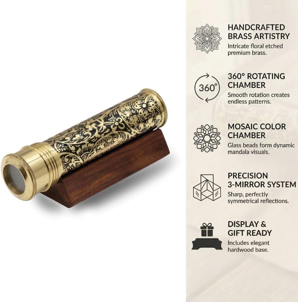Handmade Kaleidoscope | Etched Brass with Three-Mirror System | Lampworking Glass Beads | Antique Brass Finish Wooden