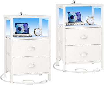 Nightstands Set of 2, End Tables Set of 2 with Charging Station and LED Lights, White Night Stands with 2 Fabric