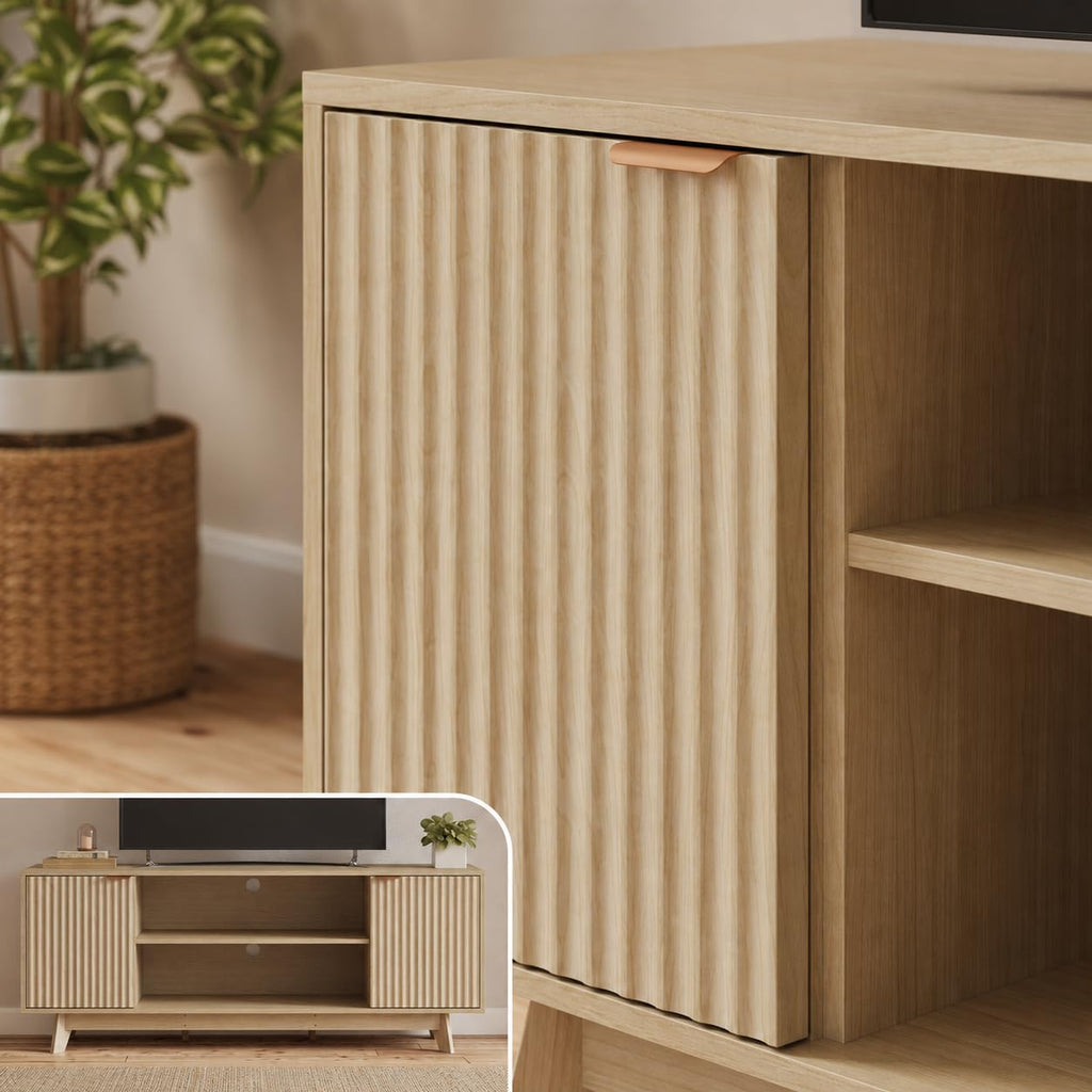 59" Fluted TV Stand for TVs up to 65", Oak Storage Console