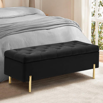 45.6 Inch Velvet Storage Bench Tufted Upholstered Ottoman Bench, Bedroom Bench with Storage, Living Room Entryway