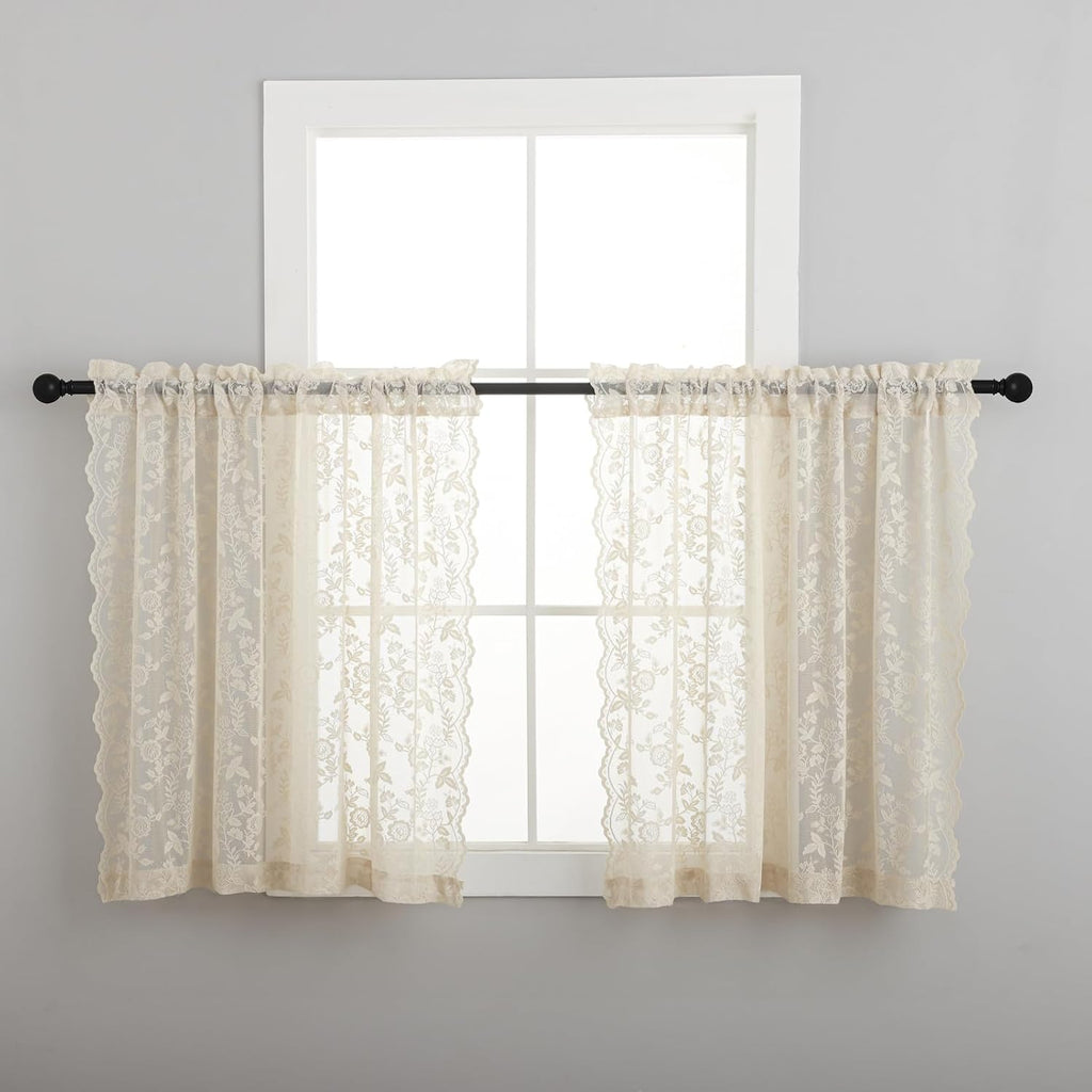 Beige Lace Curtains Rustic Leaf Floral 42 x 96 Inch, 2 Panels