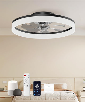 Smart Ceiling Fans with Light and Remote,20'' Low Profile Ceiling Fan with 6-Speed & Dimmable LED, Alexa/APP Home Voice Control, App, Reversible Airflow, App Timer, for Bedroom (Black)