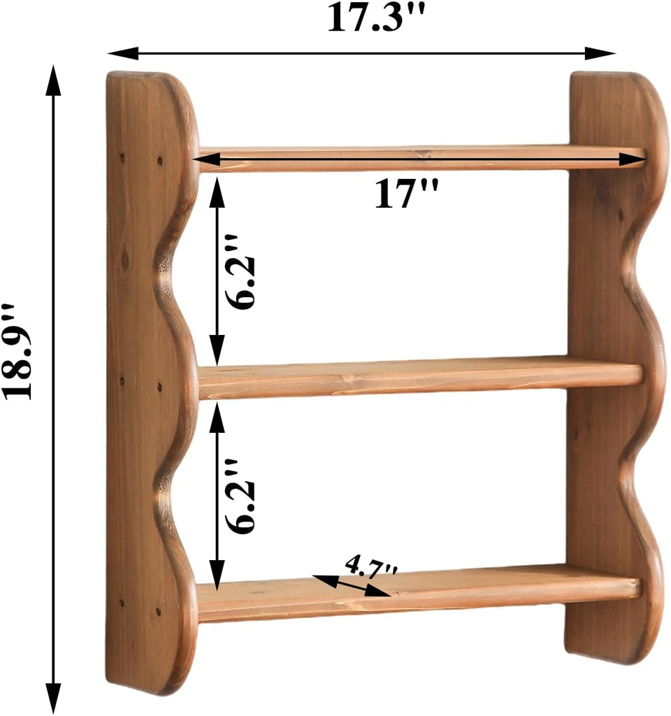 100% Solid Wood Wall Shelf 3-Tier, Rustic Floating Shelves Wall Mounted Storage Rack, Farmhouse Decor Hanging Shelf