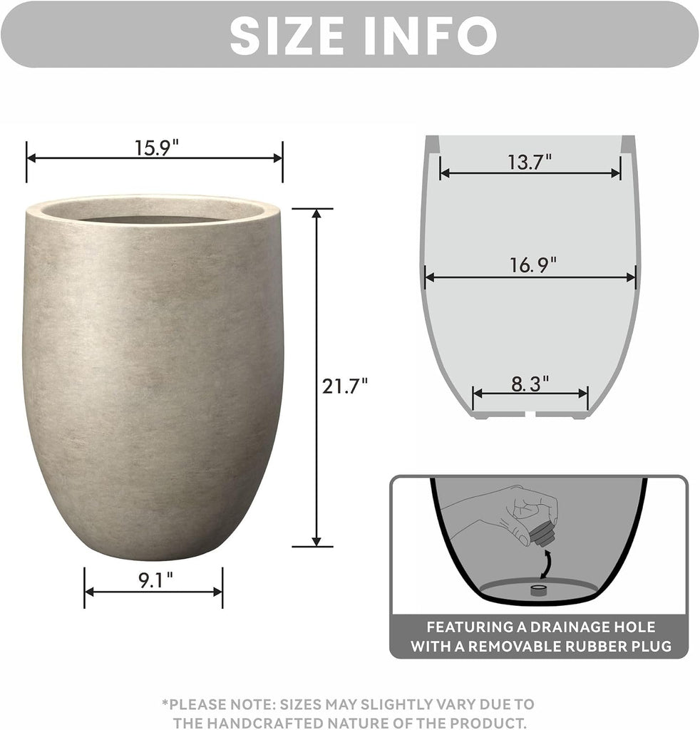 Large Round Bullet Weathered Concrete Planter 21.7" Tall, Outdoor | Rubber Plug for Indoor, Drainage for Garden
