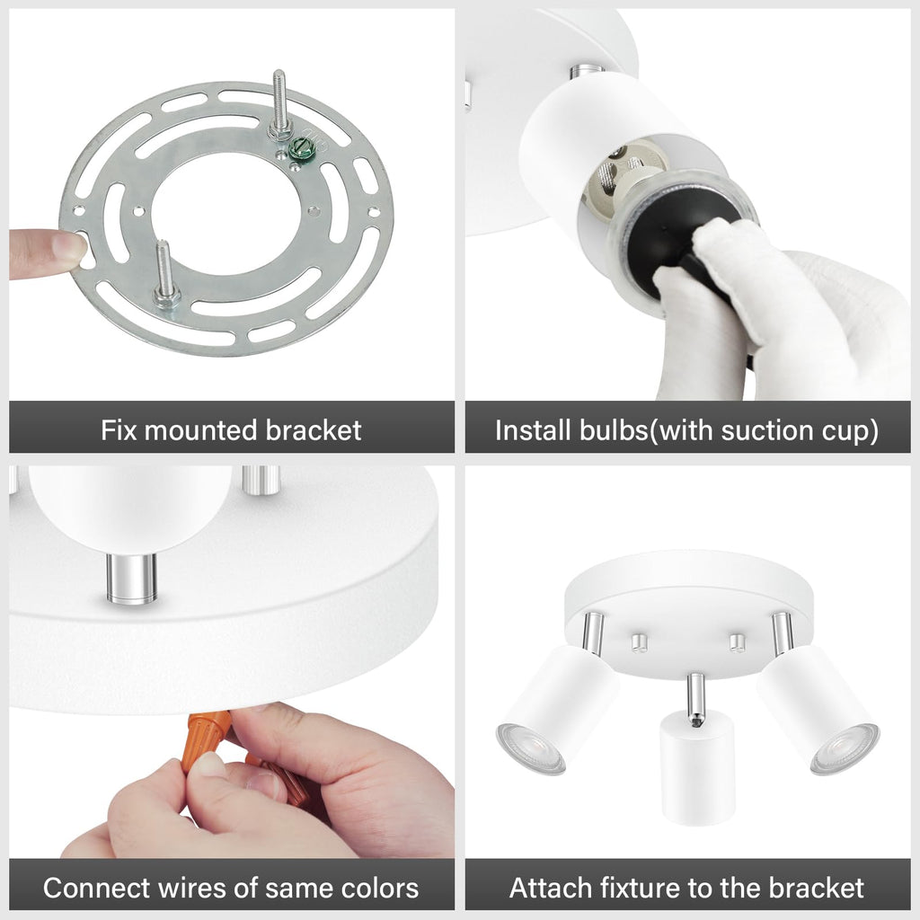 3 Light Track Lighting Fixtures Ceiling, Matte White Round Directional Ceiling Spotlight, GU10 Flush Mount Track