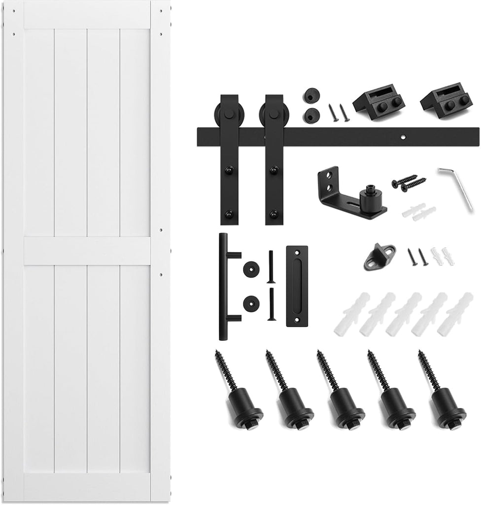 30 x 84 inch White Sliding MDF Barn Door with 5FT Black Sliding Door Hardware Kit & Handle, Pre-Dril