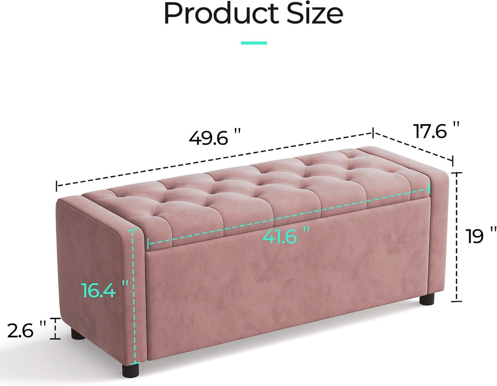 49" Velvet Ottoman with Storage, Upholstered End of Bed Storage Bench, Large Ottoman Foot Rest , Pink