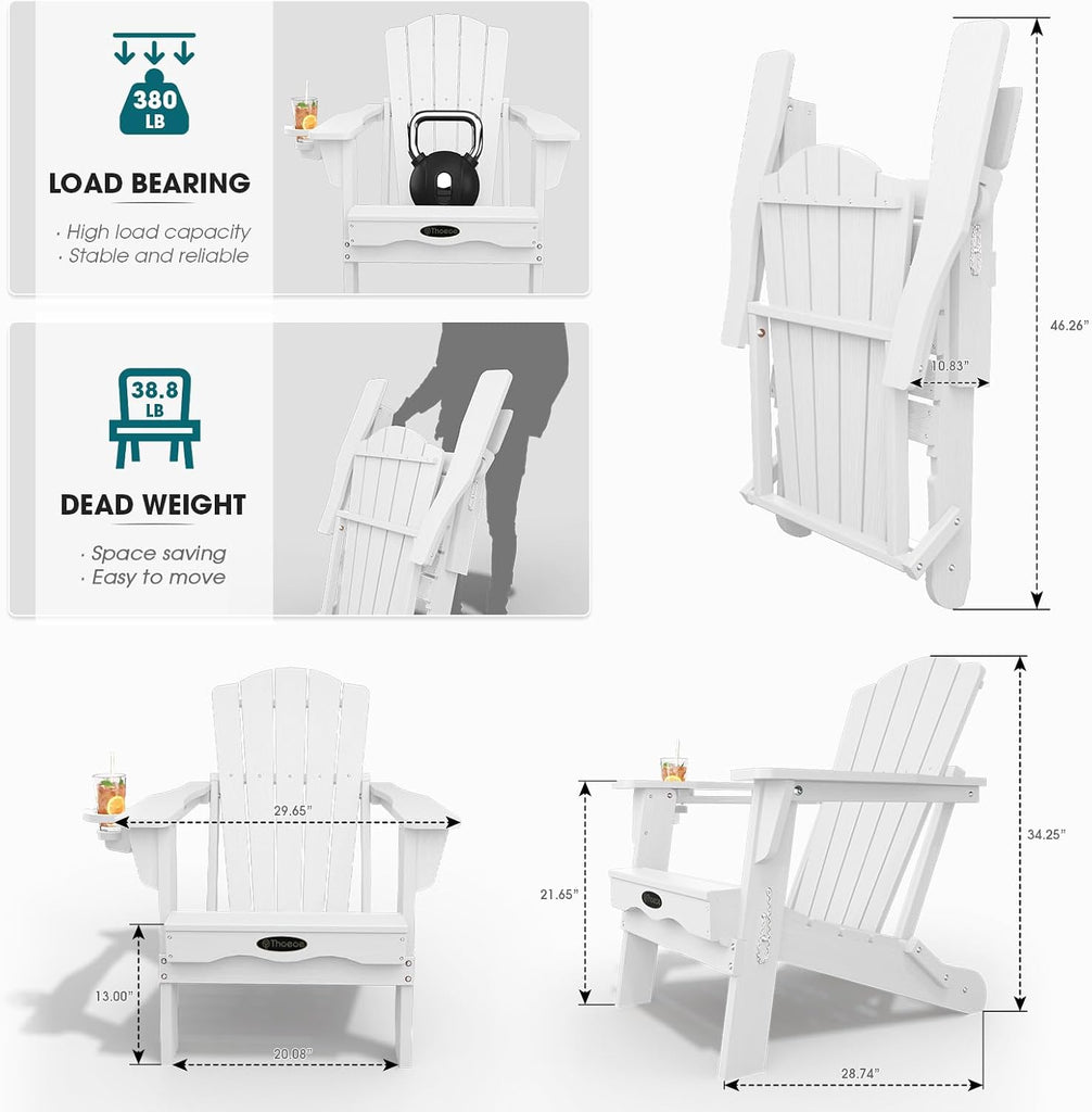 Folding Adirondack Chair Set of 2, HDPE Outdoor Chairs, Patio Chairs | All-Weather Fire Pit Chair Set of 2, with Cup
